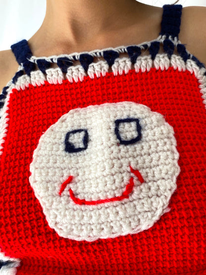 70s vintage handmade navy blue red smiley face granny square tank top