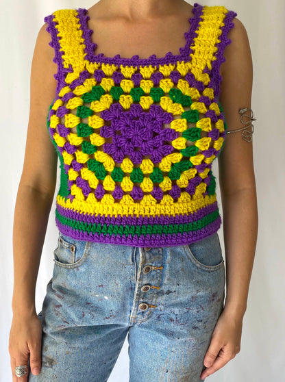 60s 70s vintage multicolor granny square hand knit crochet tank top