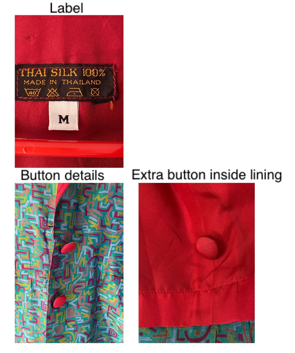80s vintage green red abstract oversized thai silk blazer jacket 