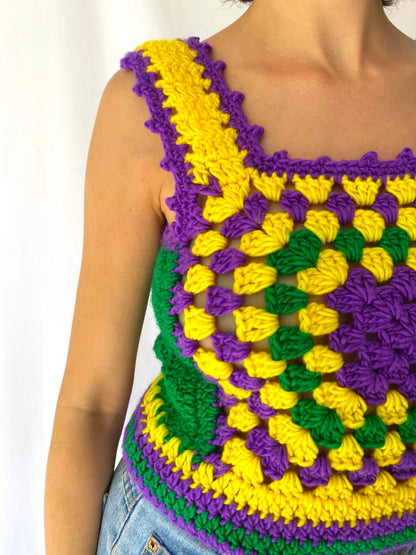 60s 70s vintage multicolor granny square hand knit crochet tank top