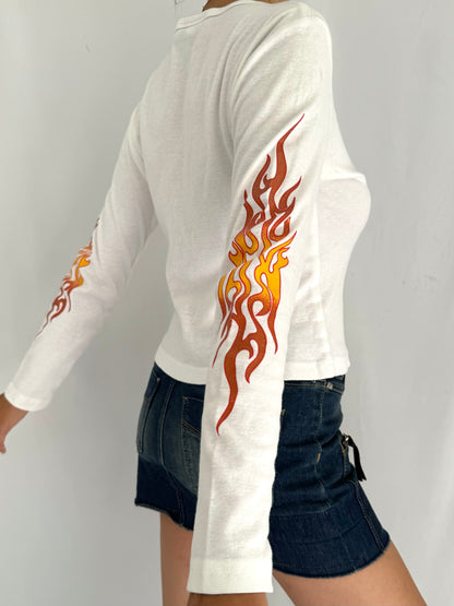 y2k vintage ON FIRE flames graphic long sleeved baby tee shirt – small | grunge rave club kid top