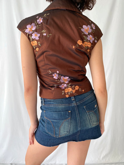 y2k vintage shiny brown floral embroidered puffy cropped vest - small | asian silk cotton satin collared waistcoat