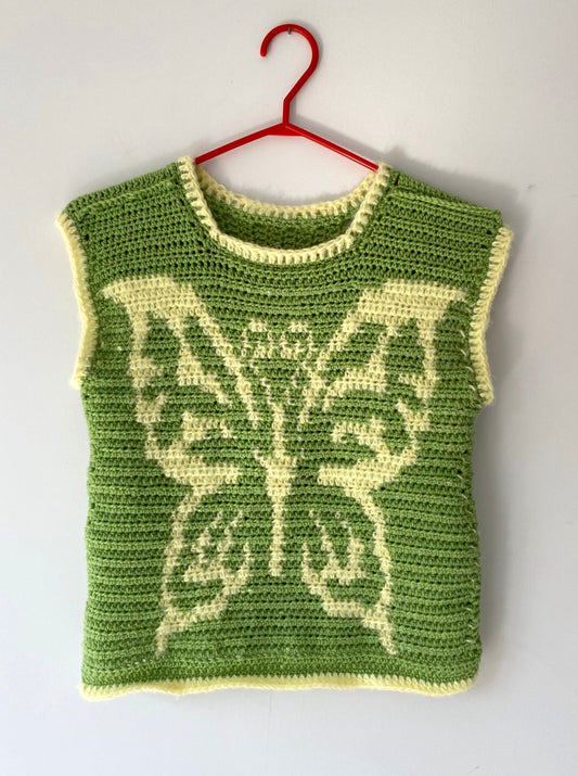 vintage hand knit green butterfly cropped sweater tank top – small | handmade crochet granny cute baby tee