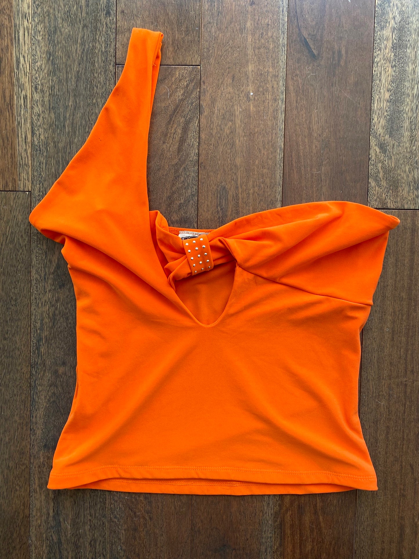 y2k vintage orange asymmetrical cut out tube crop top – small | stretch one shoulder bandeau shirt