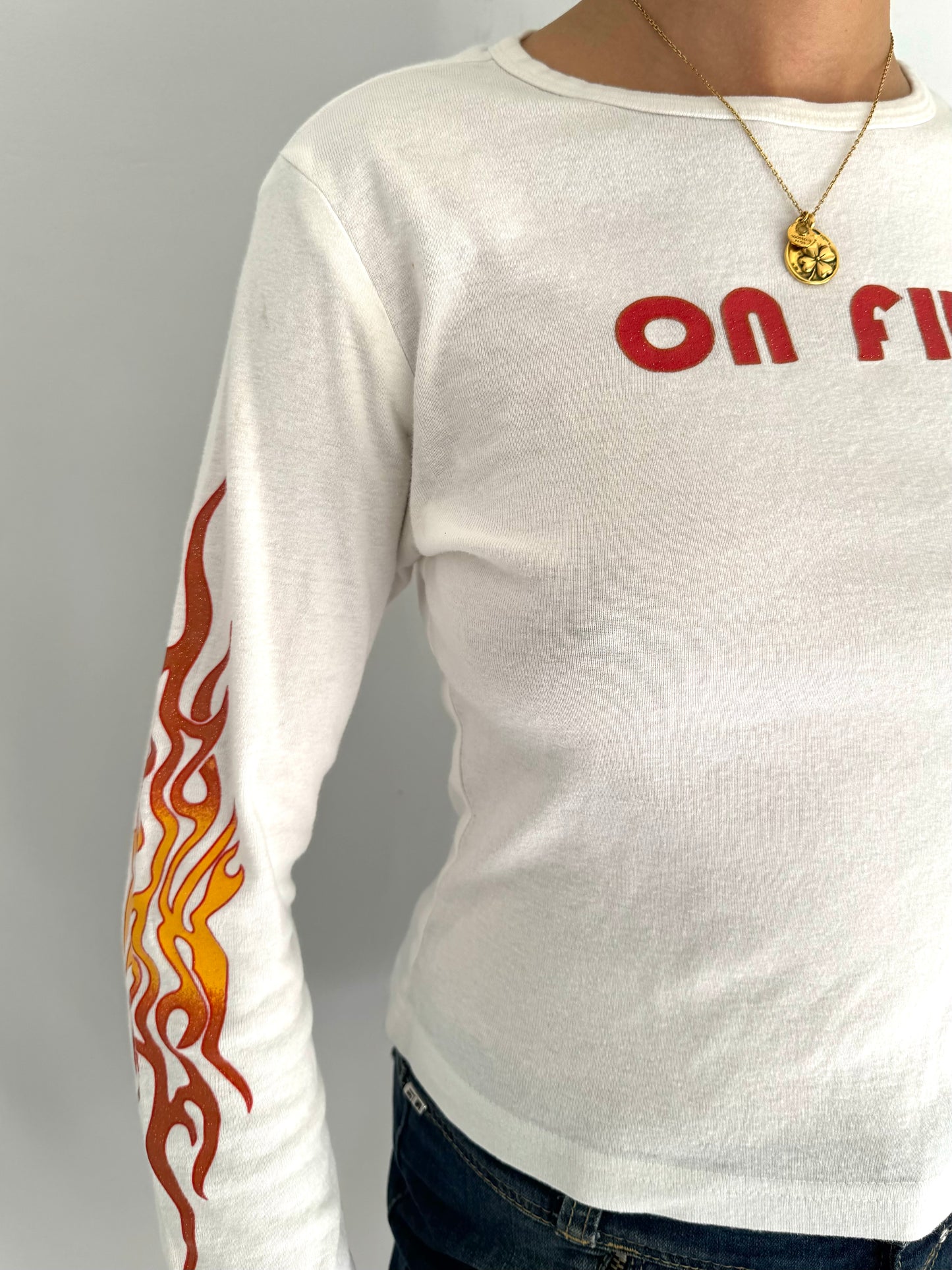 y2k vintage ON FIRE flames graphic long sleeved baby tee shirt – small | grunge rave club kid top