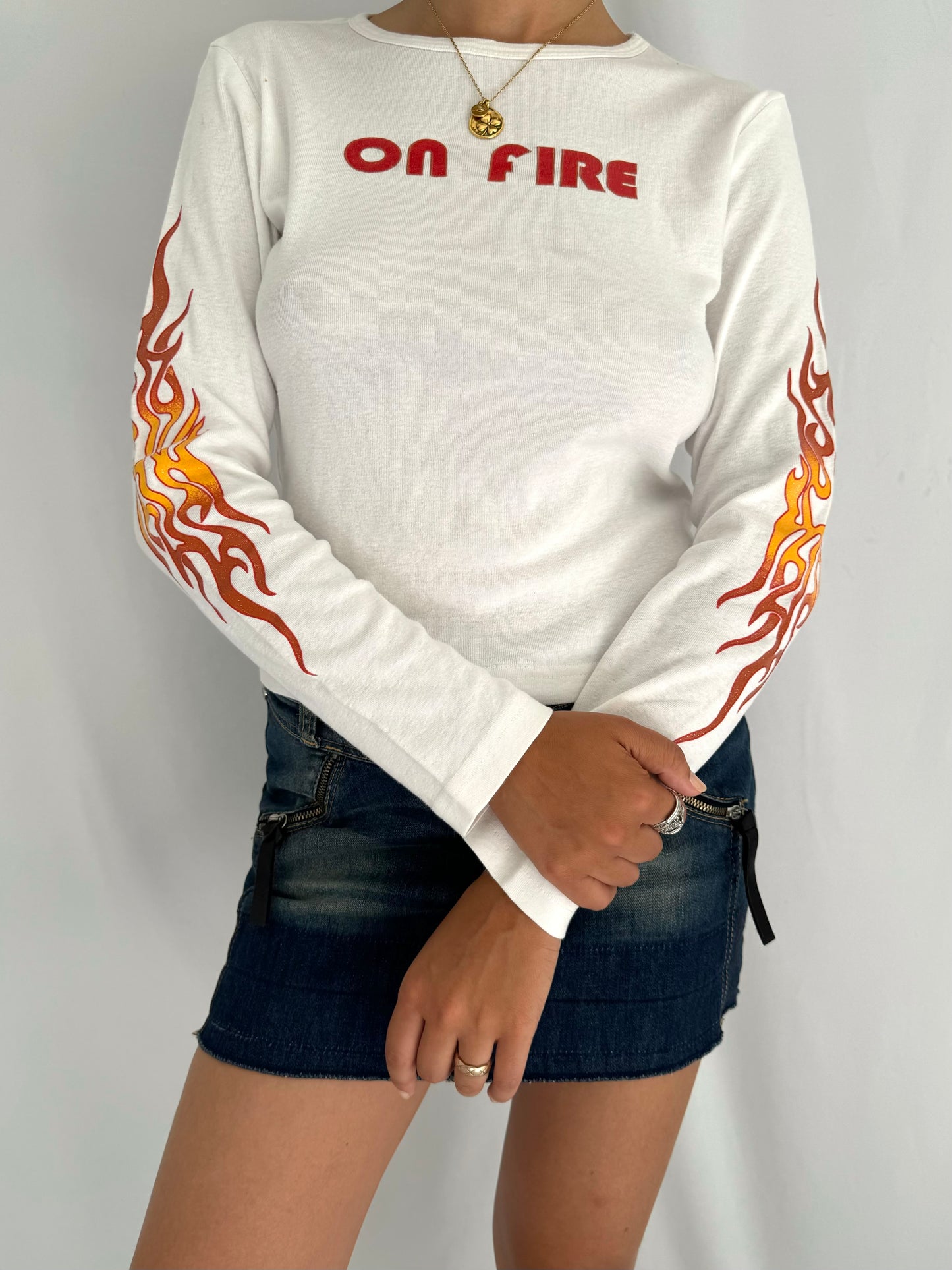 y2k vintage ON FIRE flames graphic long sleeved baby tee shirt – small | grunge rave club kid top