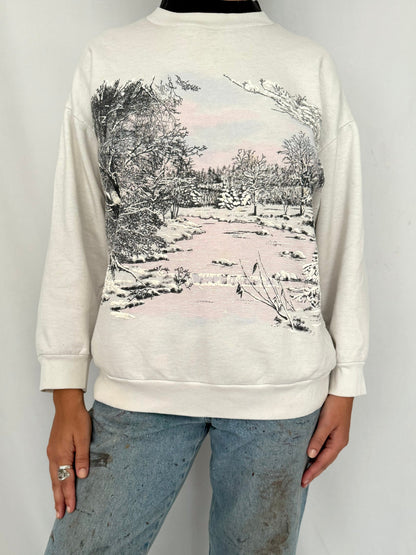 90s vintage white snowy winter scene pullover sweatshirt – small | outdoor holiday landscape long sleeved collared sweater