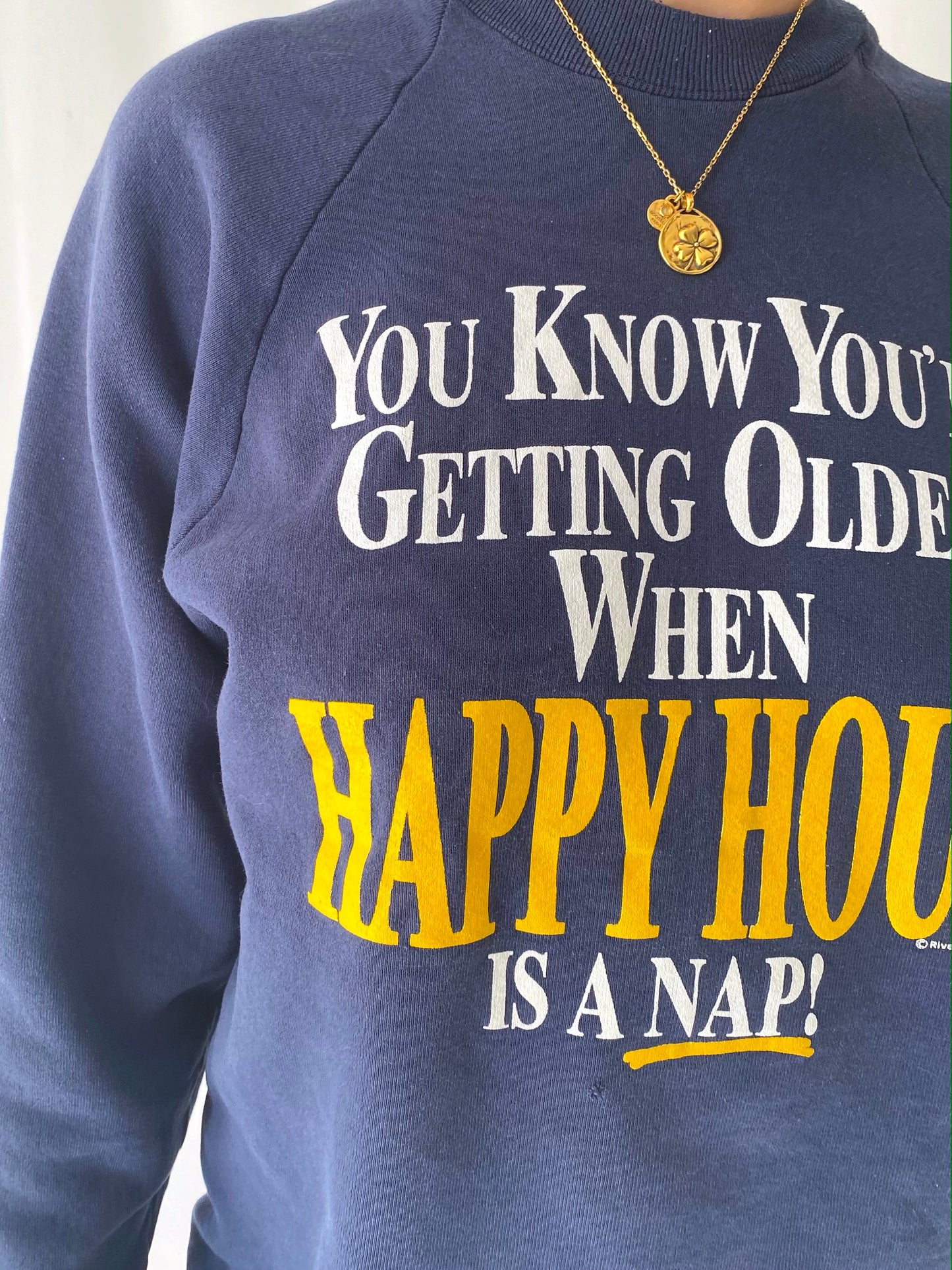 90s vintage blue Getting Older humor pullover sweatshirt – medium | novelty graphic gag gift spellout crewneck sweater