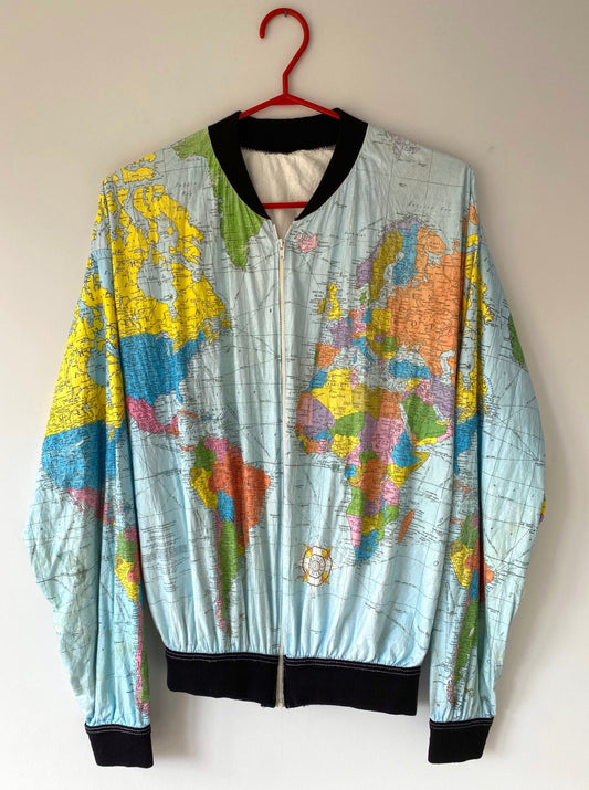 90s vintage colorful world map paper thin windbreaker – small, medium | unisex retro lightweight casual distressed jacket