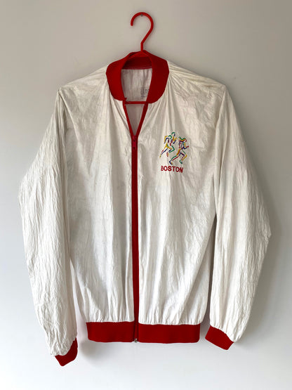 90s vintage white red boston marathon paper thin windbreaker – small, medium | unisex retro lightweight casual jacket USA