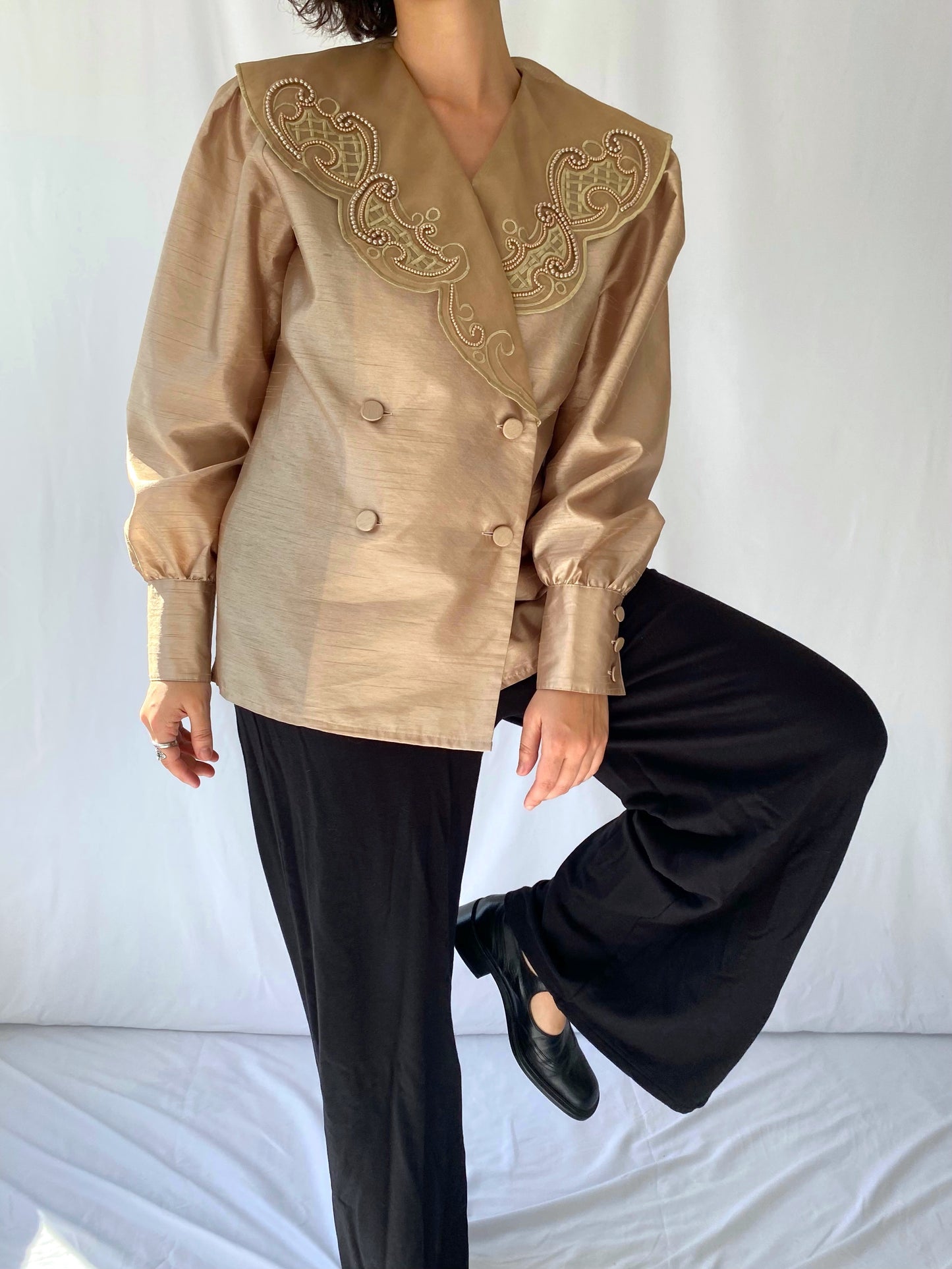 80s vintage gold taffeta oversized big collar long sleeved blouse - medium, large | embellished beaded button up blazer top