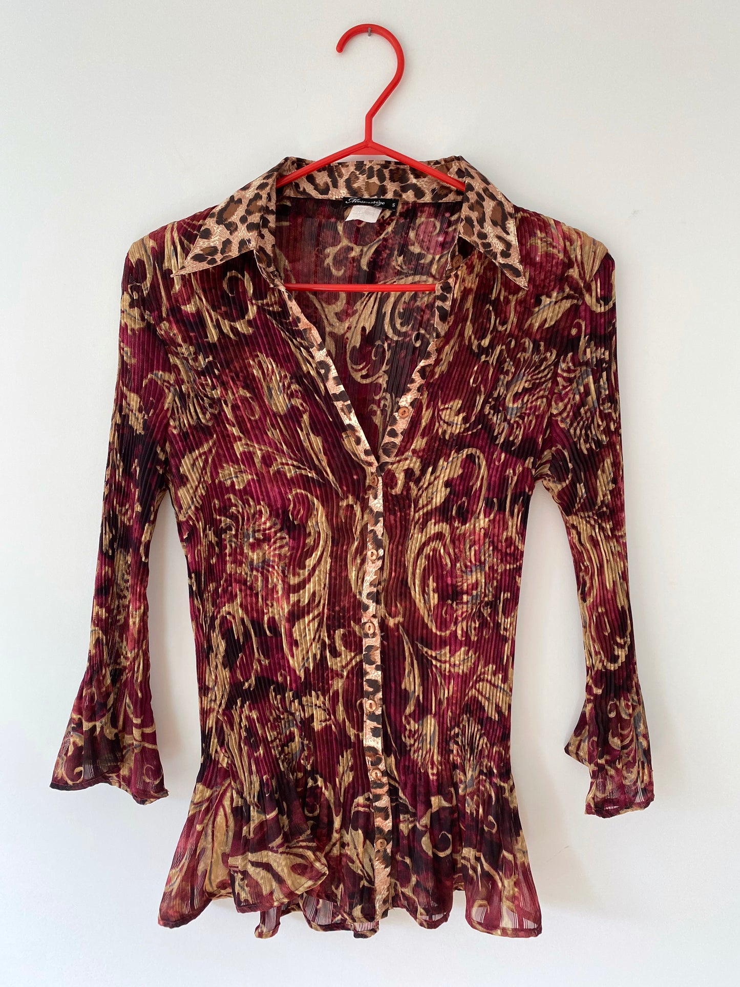 y2k burgundy gold sheer paisley pleated button up blouse – small | chiffon boho witchy flowy collared shirt