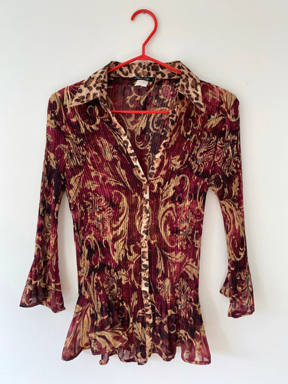 y2k burgundy gold sheer paisley pleated button up blouse – small | chiffon boho witchy flowy collared shirt