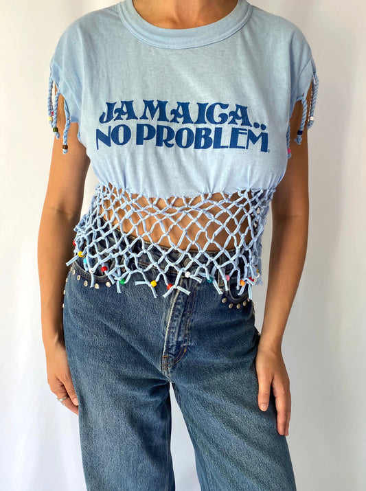 90s vintage blue Jamaica No Problem fringed beaded crop top – small | funky colorful sun island cotton cutouts shirt