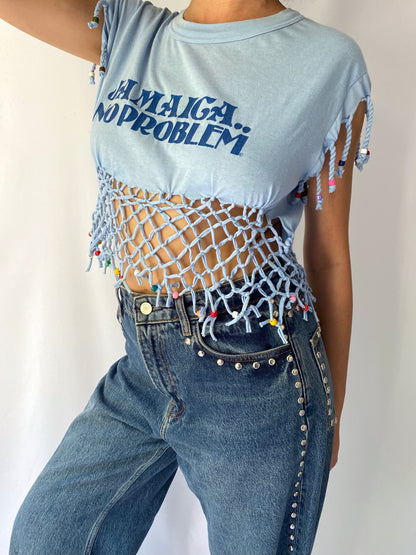 90s vintage blue Jamaica No Problem fringed beaded crop top