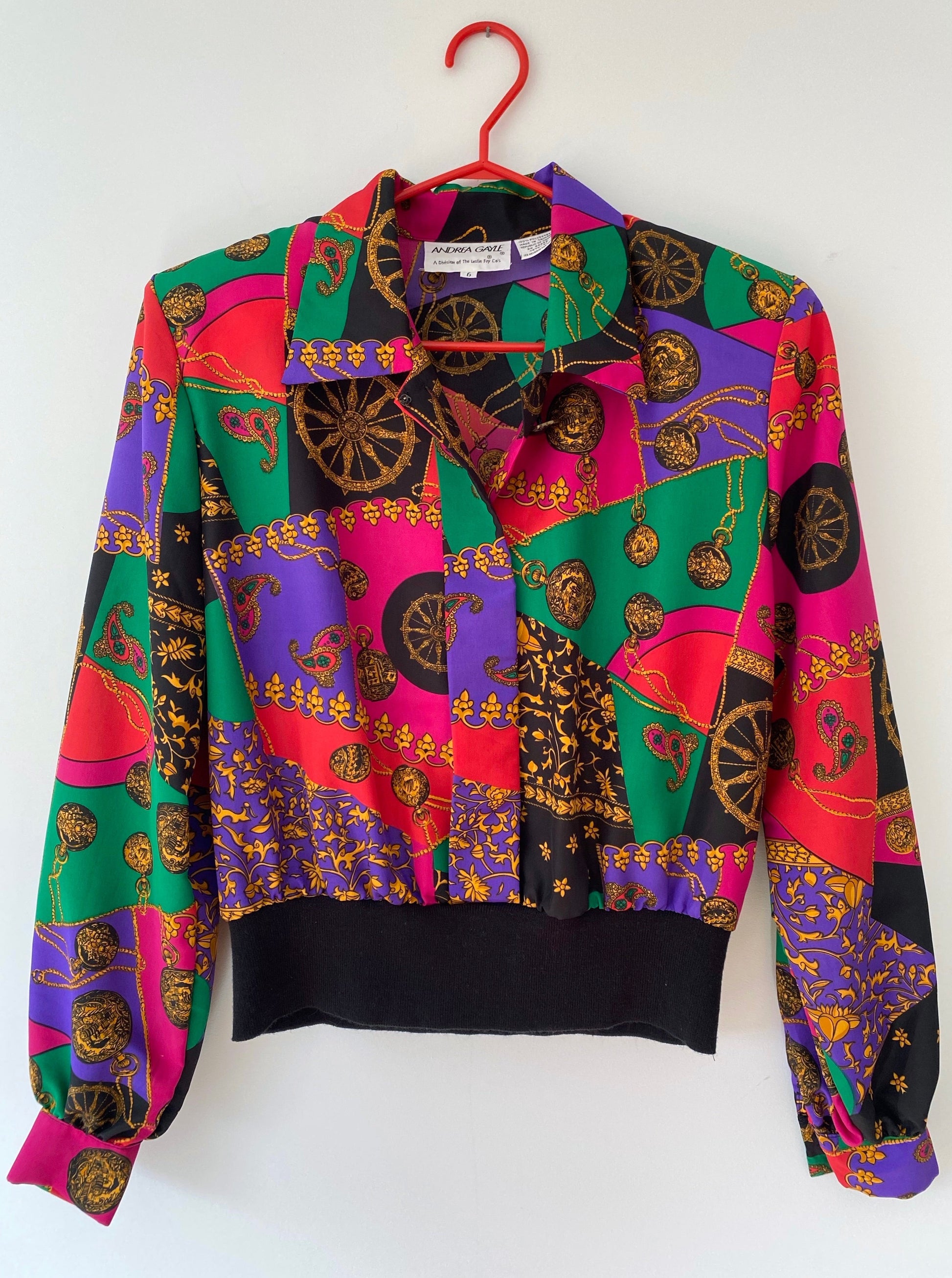 80s vintage colorful abstract cropped button up blouse