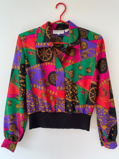 80s vintage colorful abstract cropped button up blouse