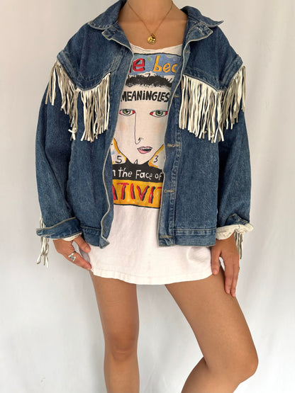 80s vintage blue denim leather fringed jean jacket – small, medium | retro western fringe casual funky festival long sleeved coat