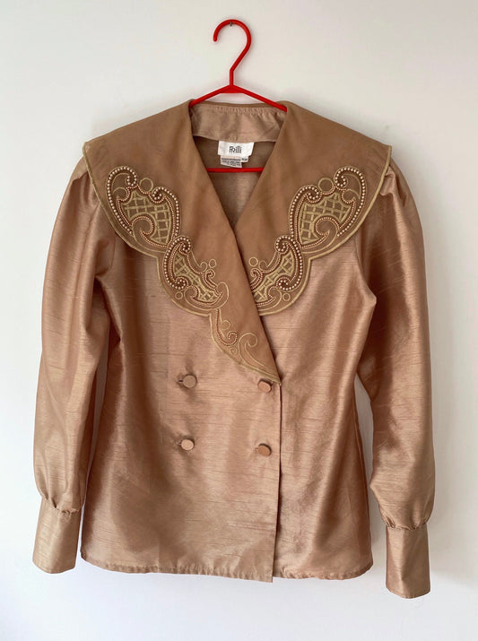 80s vintage gold taffeta oversized big collar long sleeved blouse - medium, large | embellished beaded button up blazer top