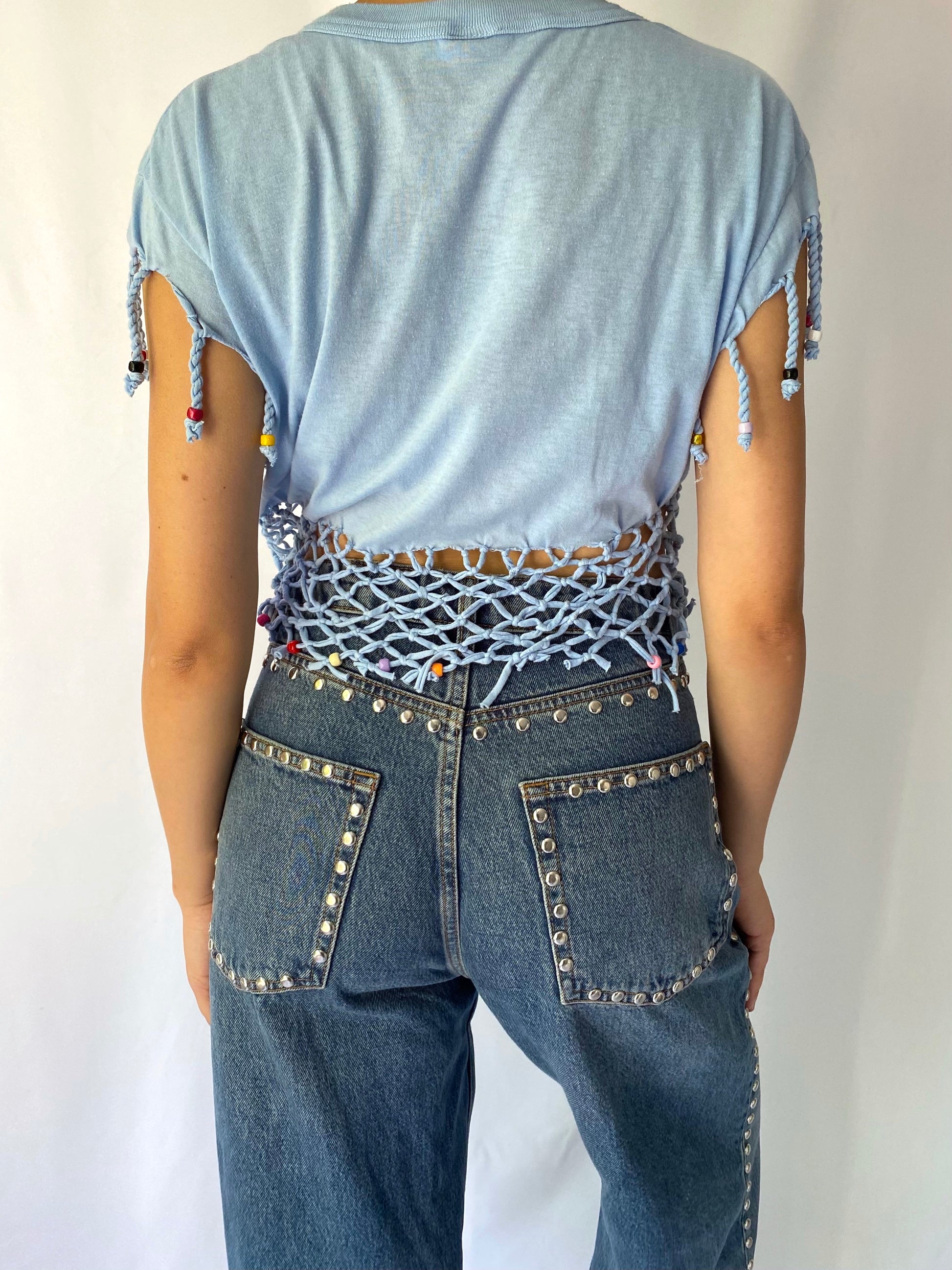 90s vintage blue Jamaica No Problem fringed beaded crop top