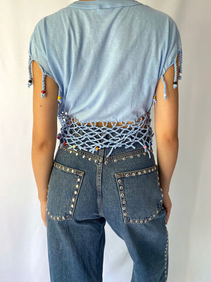 90s vintage blue Jamaica No Problem fringed beaded crop top