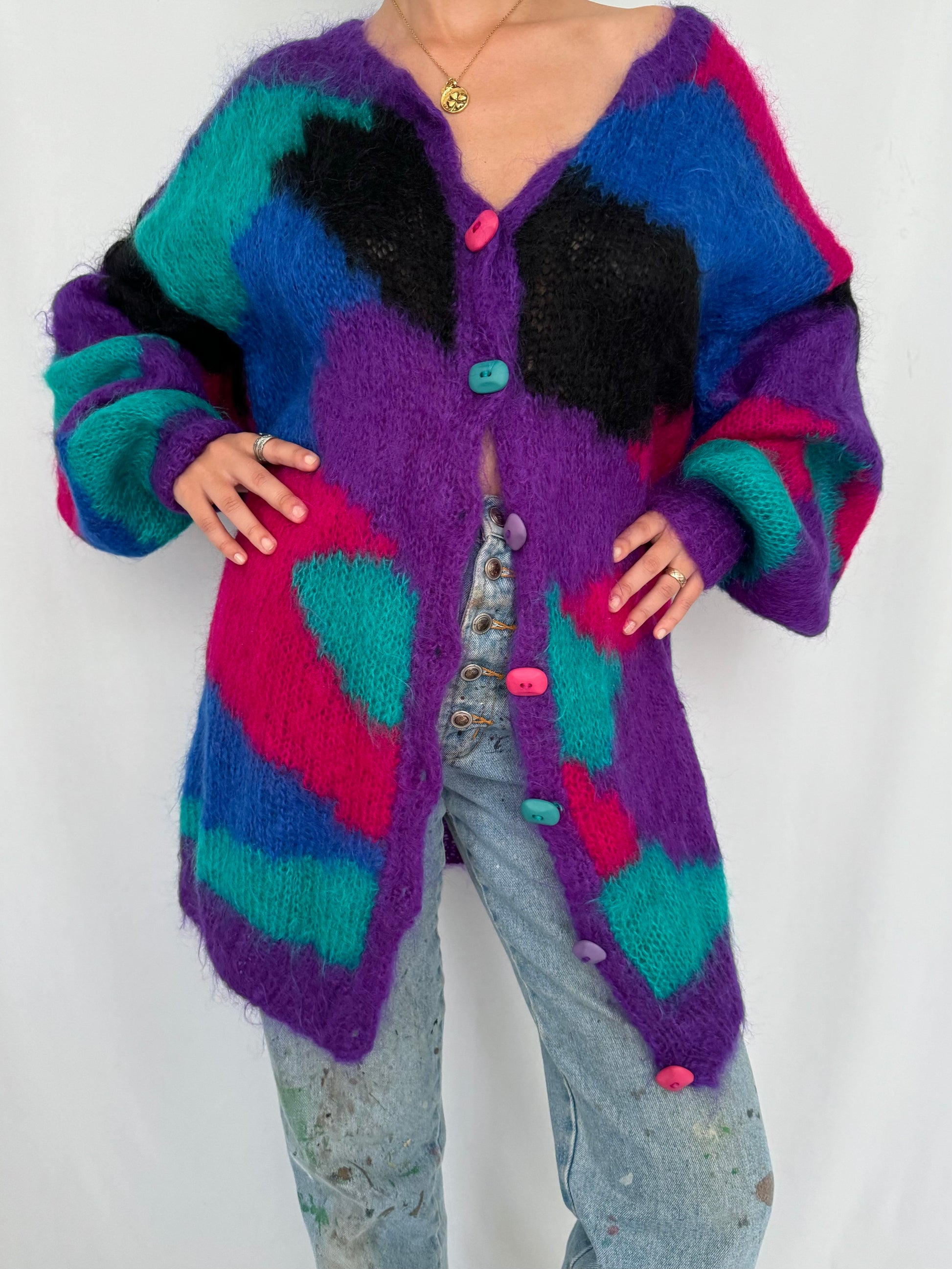 80s vintage multicolor mohair wool hand knit cardigan sweater 