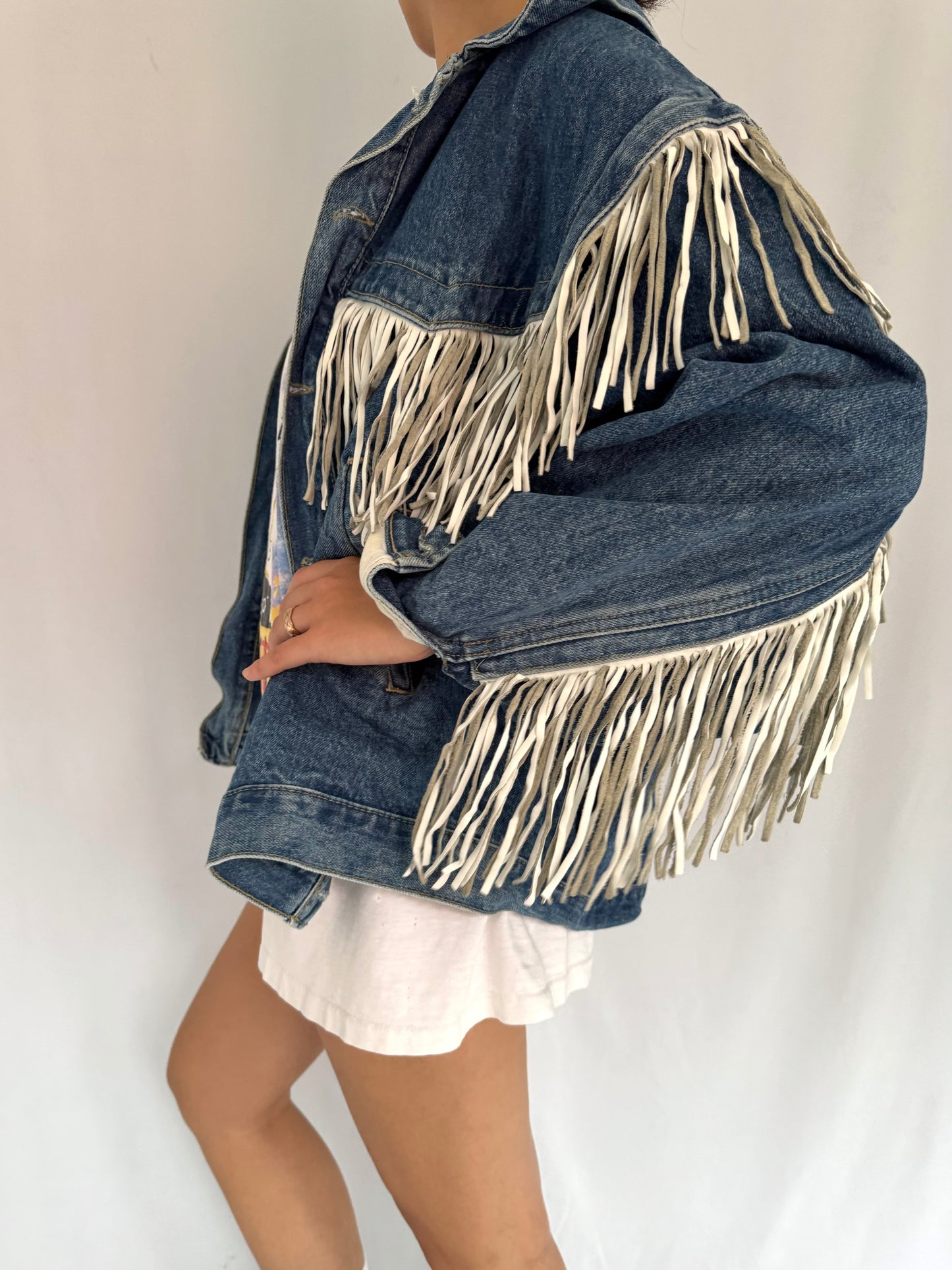 80s vintage blue denim leather fringed jean jacket – small, medium | retro western fringe casual funky festival long sleeved coat