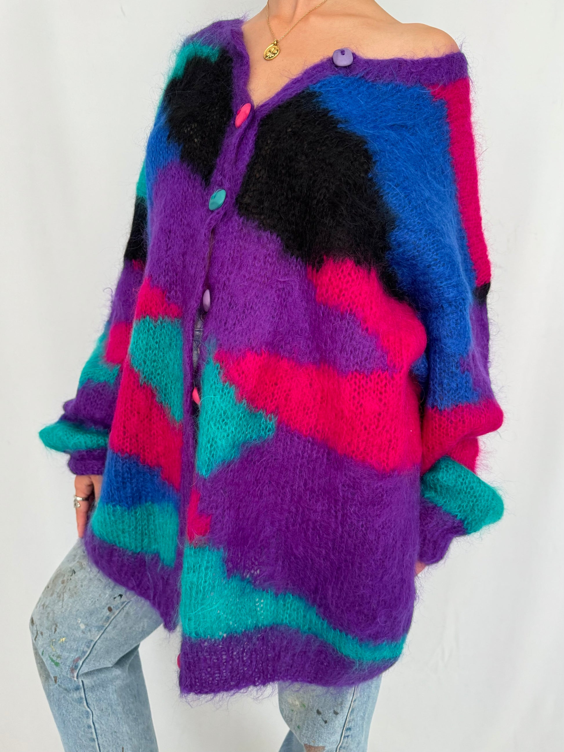 80s vintage multicolor mohair wool hand knit cardigan sweater 
