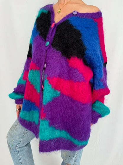 80s vintage multicolor mohair wool hand knit cardigan sweater 