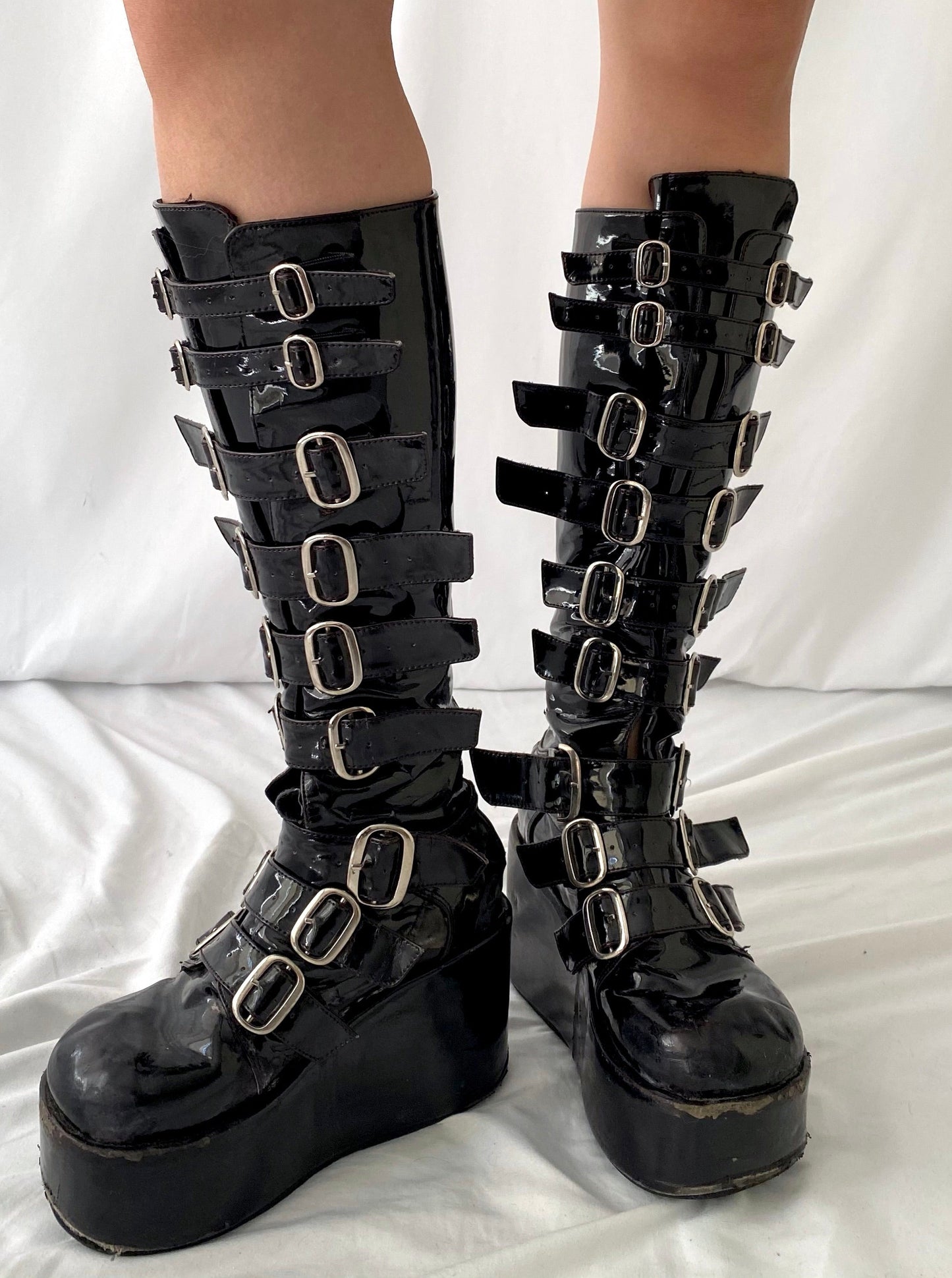 90s vintage shiny black patent demonia platform boots - womens size 7.5