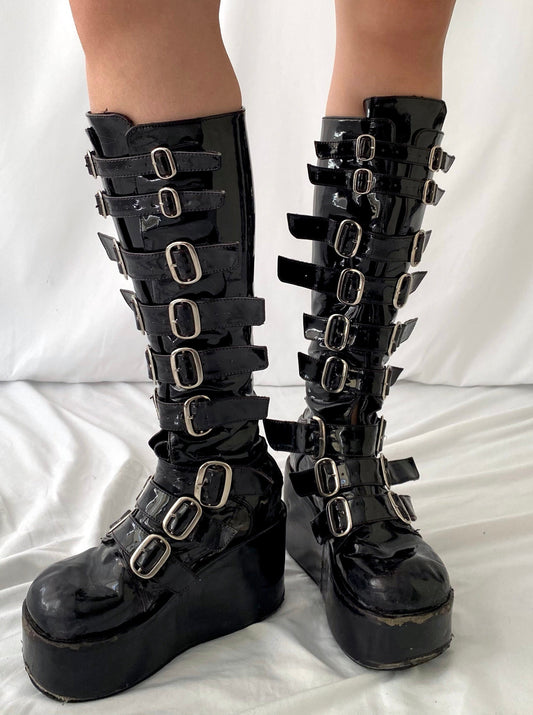 90s vintage shiny black patent demonia platform boots - womens size 7.5 | punk goth cosplay grunge buckle wedges