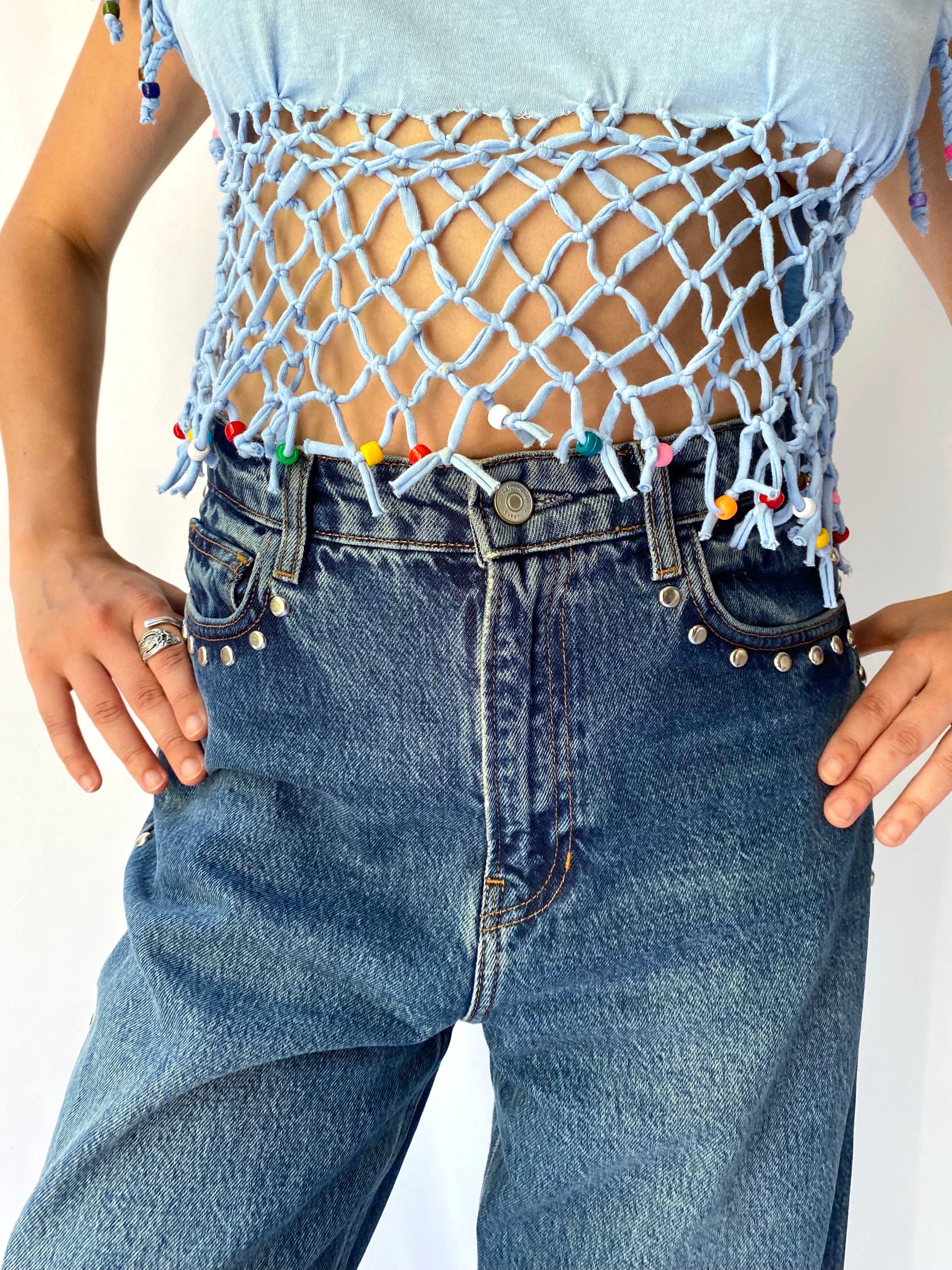 90s vintage blue Jamaica No Problem fringed beaded crop top