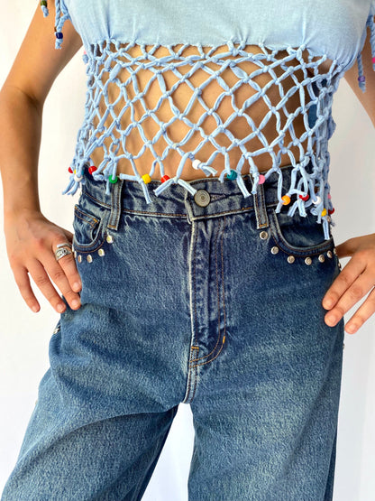 90s vintage blue Jamaica No Problem fringed beaded crop top
