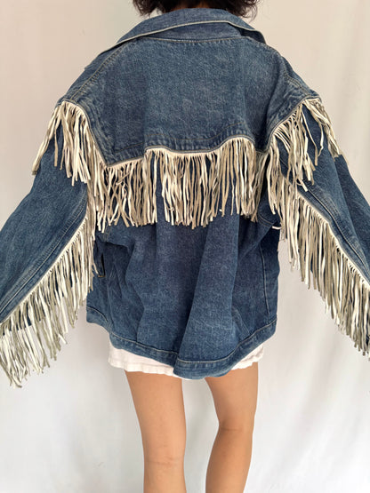 80s vintage blue denim leather fringed jean jacket – small, medium | retro western fringe casual funky festival long sleeved coat