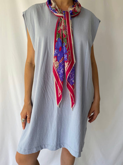 vintage reworked light blue sleeveless midi dress with floral silk scarf tie