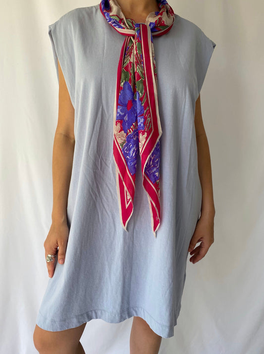 vintage reworked light blue sleeveless midi dress with floral silk scarf tie – one size | upcycled handmade unique boxy loose cotton tunic