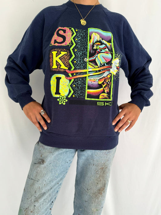 90s vintage blue neon ski graphic pullover sweater – medium | unisex outdoor winter sports long sleeved sweatshirt