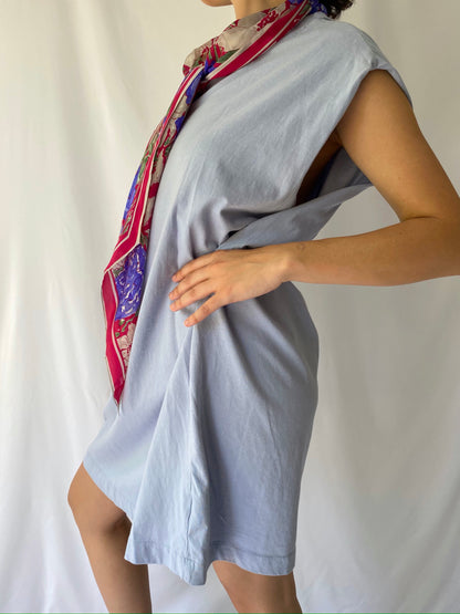 vintage reworked light blue sleeveless midi dress with floral silk scarf tie