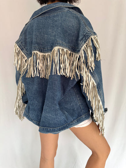 80s vintage blue denim leather fringed jean jacket – small, medium | retro western fringe casual funky festival long sleeved coat