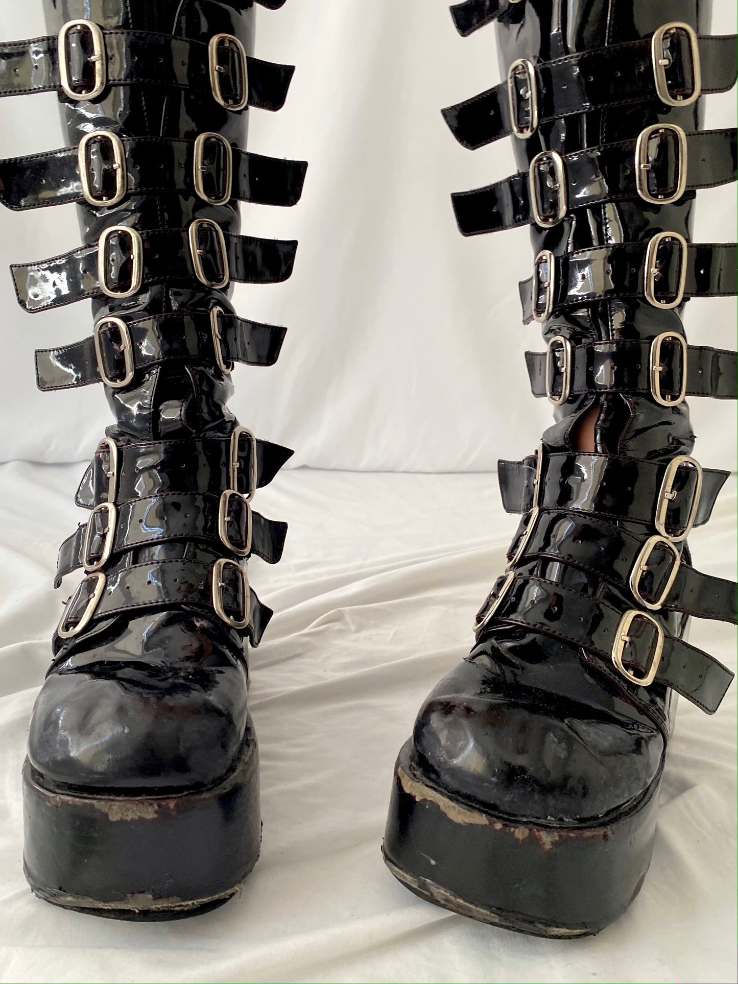 90s vintage shiny black patent demonia platform boots - womens size 7.5