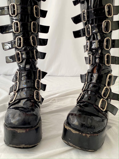 90s vintage shiny black patent demonia platform boots - womens size 7.5