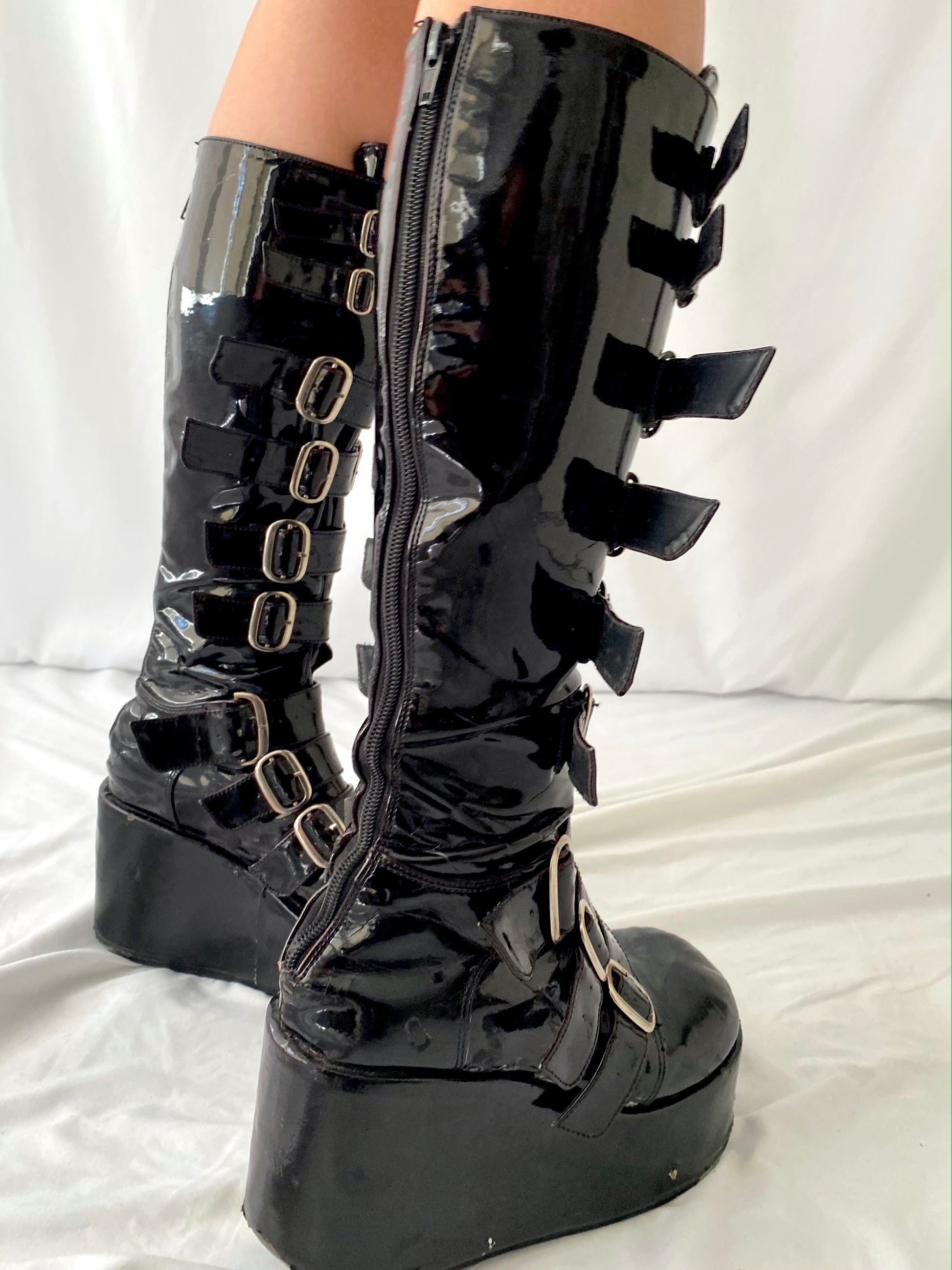 90s vintage shiny black patent demonia platform boots - womens size 7.5