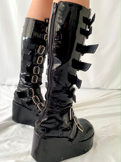 90s vintage shiny black patent demonia platform boots - womens size 7.5
