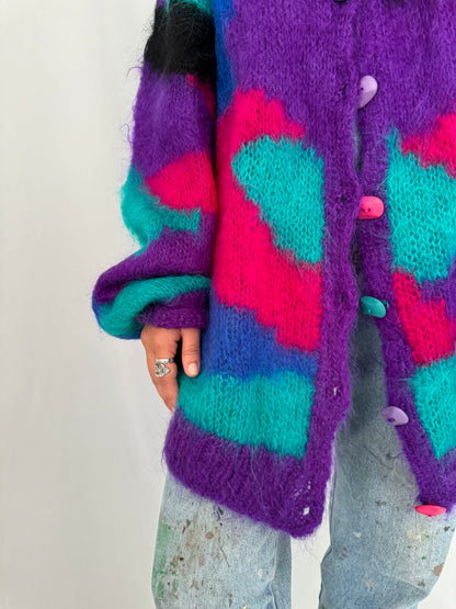 80s vintage multicolor mohair wool hand knit cardigan sweater 