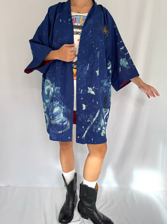 60s vintage blue hand painted Japanese haori – one size, unisex | made in japan unique art to wear open front kimono robe