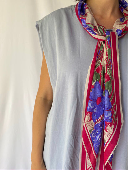vintage reworked light blue sleeveless midi dress with floral silk scarf tie