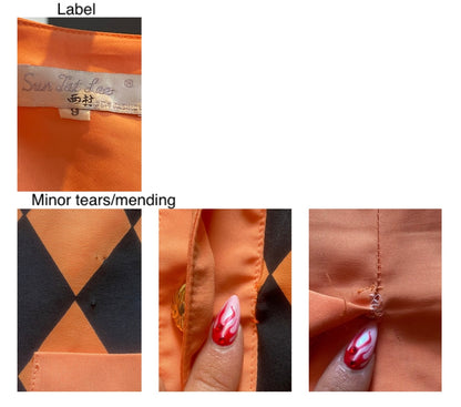 90s vintage orange black short sleeved blouse mini skirt matching set