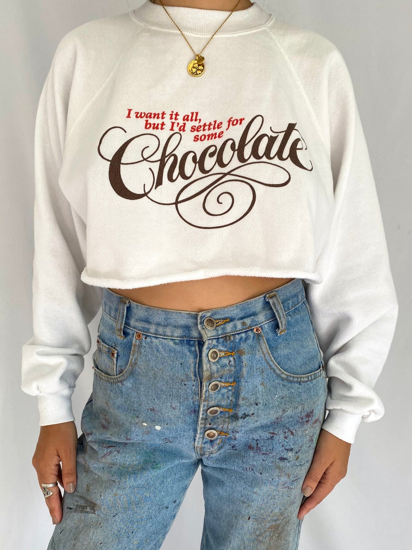 90s vintage I’d settle for chocolate cropped pullover sweater – medium, large | funny cute spellout long sleeved sweatshirt