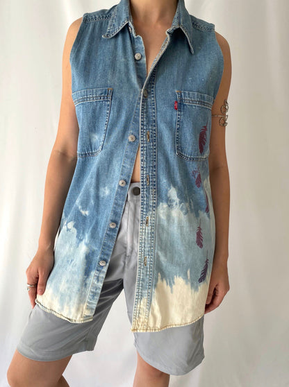 vintage reworked blue denim Levis feather eagle button up vest – medium | unique upcycled graffiti sleeveless shirt