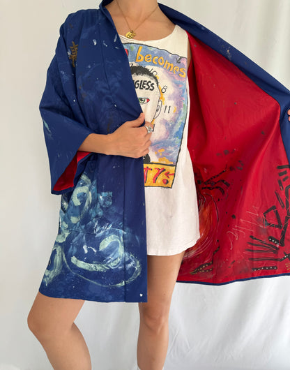 60s vintage blue hand painted Japanese haori – one size, unisex | made in japan unique art to wear open front kimono robe